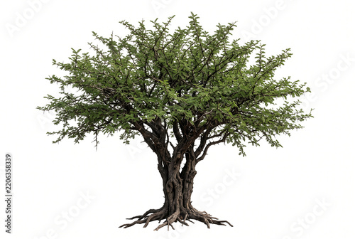 Mature Logwood tree, dense thorny branching crown, small compound leaves, dark rugged trunk and visible exposed roots, ultra-realistic 8K, razor-sharp, isolated white background,