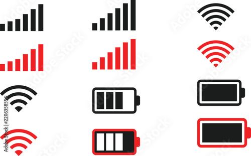 Connectivity and power status indicators set including signal strength and battery levels