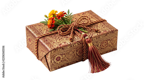 Traditional Indian gift box with marigold flowers, ornate gold patterned wrapped present, festive holiday gift package with rope tassel