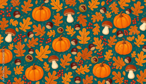 Festive autumn wallpaper illustration with scattered orange pumpkins, farfalle, porcini mushrooms, red berries and autumn foliage on a deep green background.