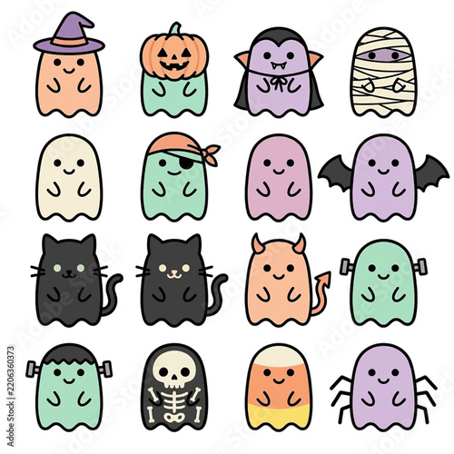 Kawaii Halloween icon set, cute black cat, ghost, pumpkin, witch, frankenstein, spooky collection