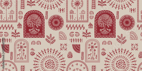 Hand drawn seamless Warli tribal pattern with tree of life in arches, ritual dance circles, sun spirals, huts, peacocks, palms and geometric motifs in terracotta on beige for textile and wallpaper