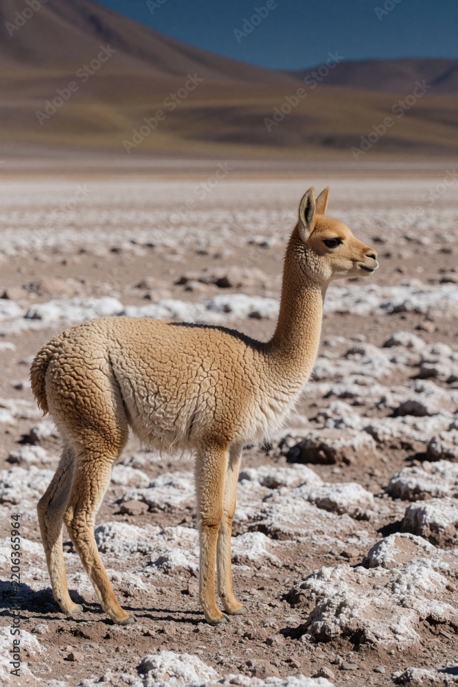 Obraz premium Young vicuna stands on salt crust terrain in Bolivian Altiplano. Profile view of slender camelid mammal with cinnamon fur. Wild animal looks alert in high altitude Andean plateau wilderness. Nature