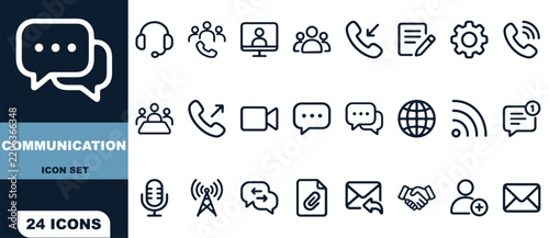 Communication icon set featuring twenty four outline symbols of messaging, calls, connection, and media