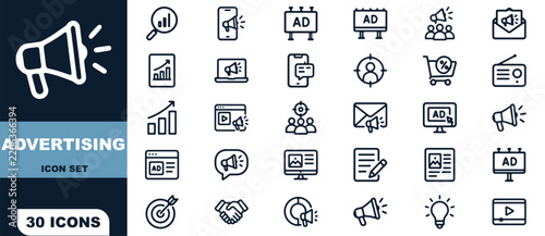Comprehensive advertising icon set featuring thirty line symbols for marketing campaigns, media, and promotion
