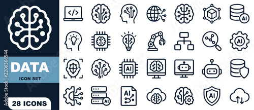 Data and artificial intelligence icon set with twenty eight outline symbols of brain, code, and machine
