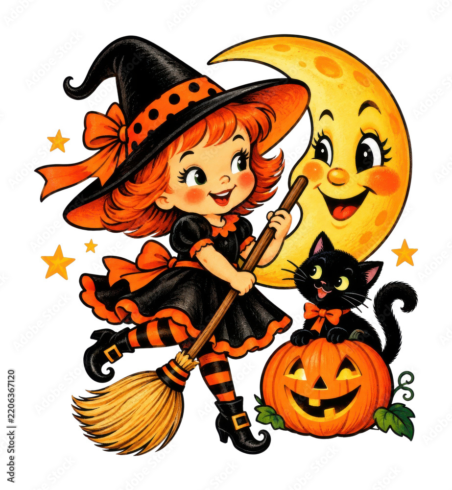 Fototapeta premium PNG Cute Halloween witch, black cat, broom, pumpkin and moon