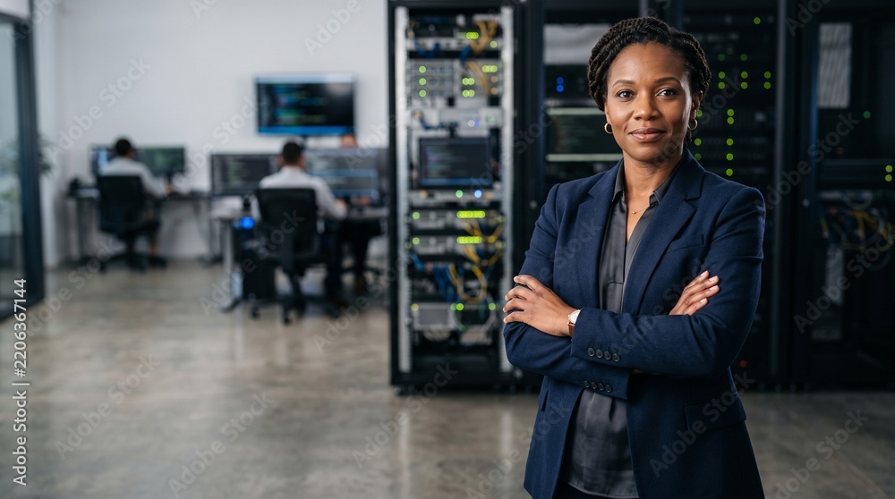 Fototapeta premium Black Female IT Manager Standing Arms Crossed Data Center
