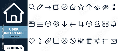 Essential user interface outline icons collection featuring navigation symbols and functional buttons