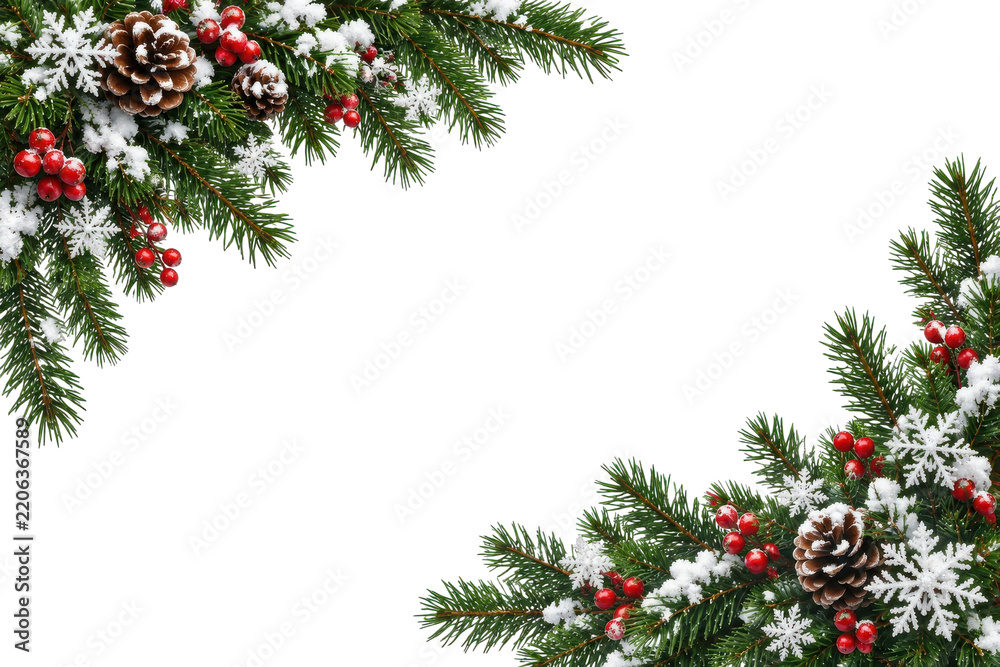Naklejka premium PNG Christmas evergreen branches with berries, pinecones and snow