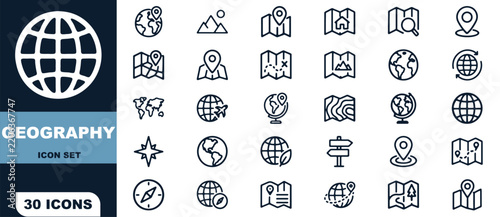 Geography icon set featuring thirty outline symbols for navigation, maps, earth, globe, and travel locations