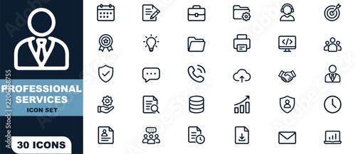 Services icon set featuring line symbols for business, management, and office work