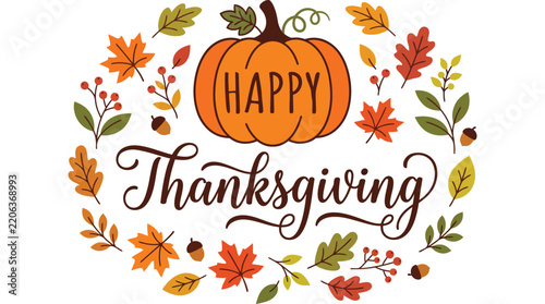 Happy Thanksgiving Greeting Card Design with Pumpkin and Autumn Leaves Wreath Illustration