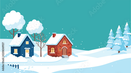 Winter Landscape Illustration with Cozy Houses and Snow Covered Pine Trees for Christmas Design