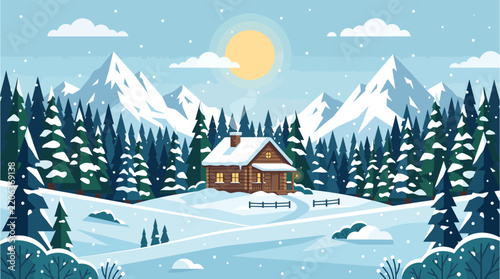 Flat Vector Illustration of a Cozy Log Cabin in Snowy Winter Forest Landscape
