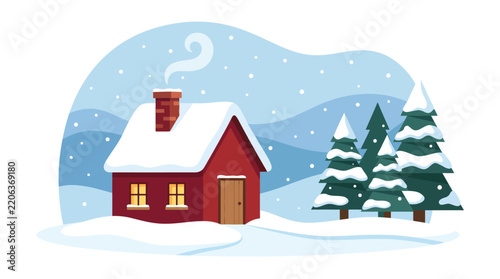Cozy Red Winter Cabin With Pine Trees in Snowy Landscape Flat Vector Illustration