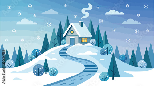 Winter Landscape Illustration with Cozy House and Pine Forest Background for Seasonal Holiday Projects