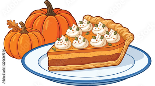 A Slice of Pumpkin Pie with Whipped Cream on a Plate Beside Two Pumpkins