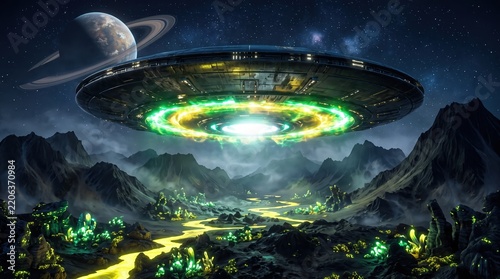 Alien spaceship hovering over glowing crystal landscape and river