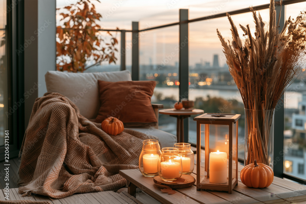 Fototapeta premium Cozy autumn balcony with candles, pumpkins, warm blankets and dried grasses overlooking the city at sunset