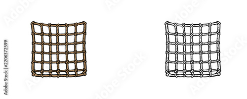 Rope cargo net illustration with brown cords and blue mesh in colored cartoon and black outline style isolated on white background