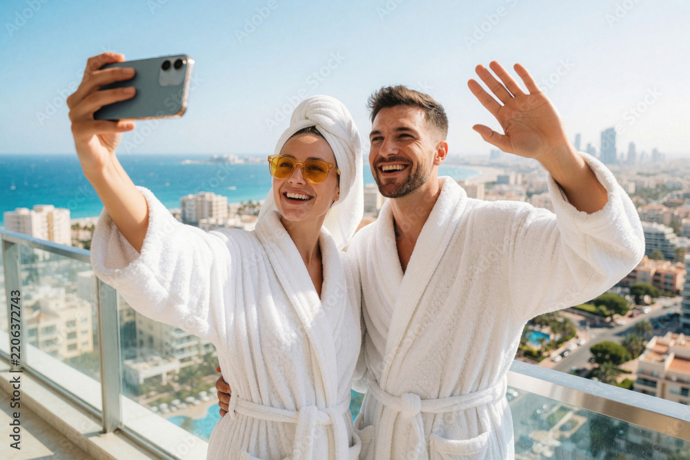 Fototapeta premium Young happy couple takes selfie on hotel balcony. Man waves hand woman holds smartphone. Lovers wear white bathrobes during summer vacation. Scenic ocean view with city buildings, coast in