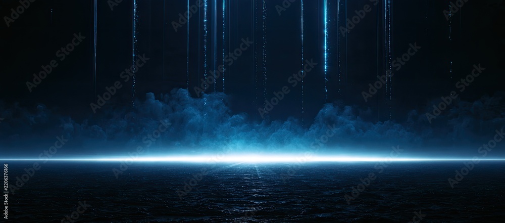 Fototapeta premium Ethereal blue light pierces darkness with smoky tendrils and glowing lines
