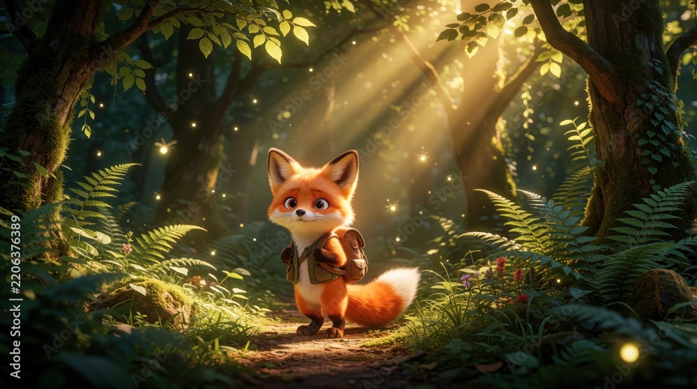Obraz premium Cute baby fox wearing small backpack walks on forest path. Tiny red fox explores woodland with sun rays through trees. Magical nature scene with glowing fireflies, green ferns, vegetation in bright
