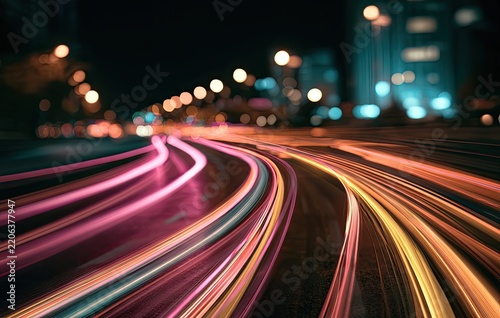 Streaking lights of a city at night, showing motion blur and bokeh