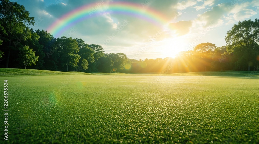 Obraz premium Beautiful rainbow arches over green golf course fairway after rain. Bright sun shines through clouds over rich grass lawn. Scenic landscape with trees, summer sky creates peaceful atmosphere for