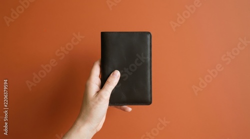 Hand Holding a Black Leather Wallet Against an Orange Background.