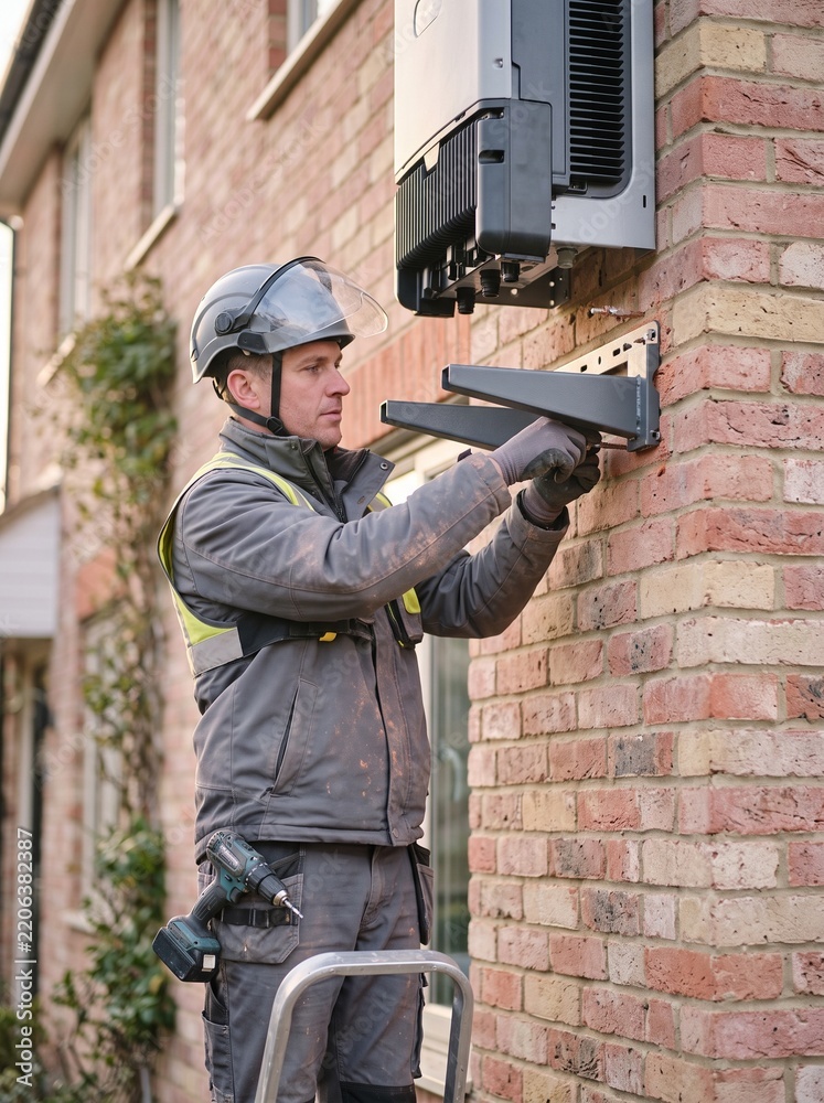 Fototapeta premium Professional technician installing wall mounting brackets for a solar inverter battery storage system on a residential house exterior brick wall