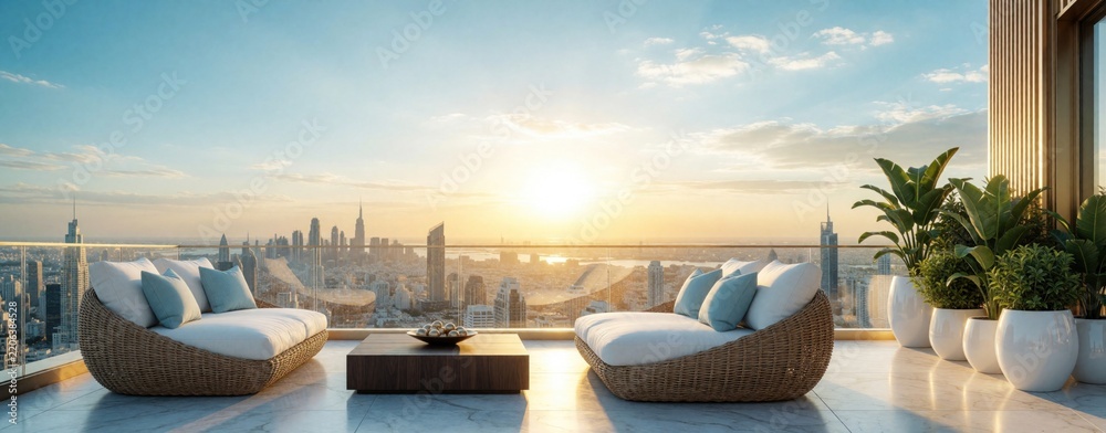 Fototapeta premium Luxury penthouse terrace with modern outdoor furniture, skyline view. Two wicker sofas with blue cushions sit near low coffee table on marble floor. Sun sets over city skyscrapers during golden hour.