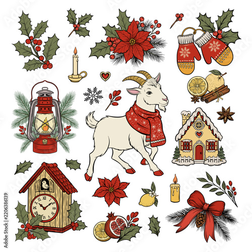 Retro Christmas Goat Hand Drawn Festive Vintage Illustration Set, Vector Xmas Collection of Poinsettia, Holly Berry Branch Isolated Clipart New Year Symbol, Lantern and Gingerbread House, Mittens