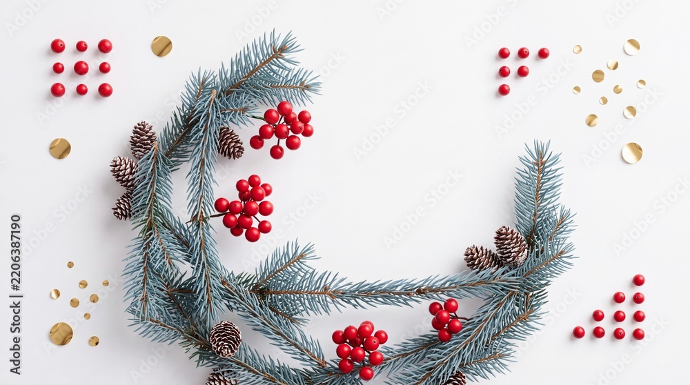 Obraz premium Minimalist Christmas background featuring blue pine branches, red berries, and pine cones arranged in a crescent shape with gold confetti on white surface, perfect for holiday greeting cards.