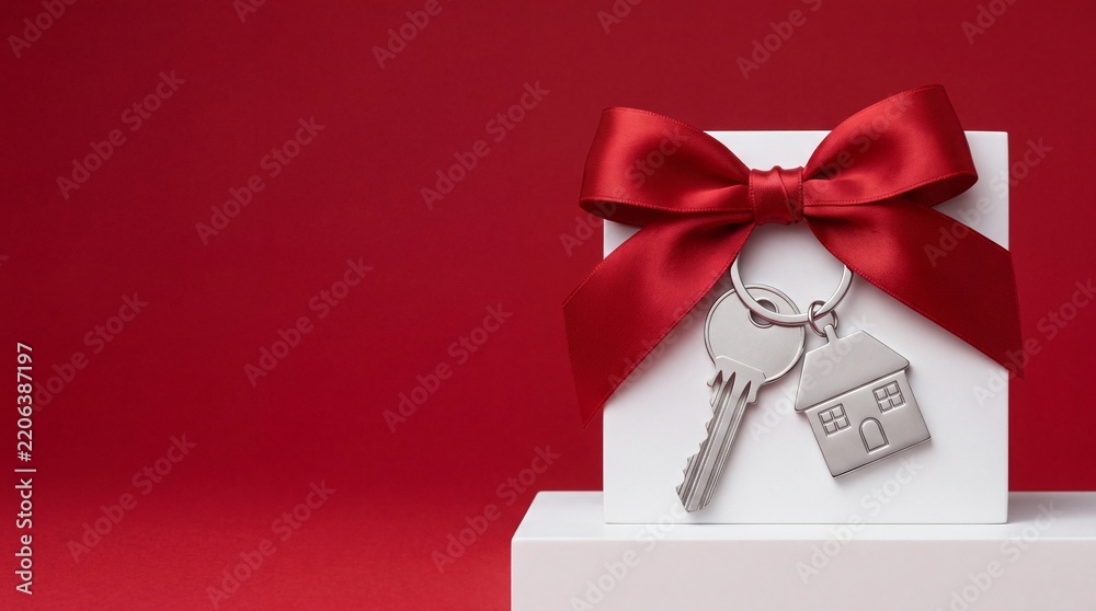 Obraz premium New House Key with House-Shaped Keychain Hanging on a White Gift Box Decorated with a Large Red Satin Ribbon Bow Over a Solid Red Background, Symbolizing Property Purchase and Real Estate Investment