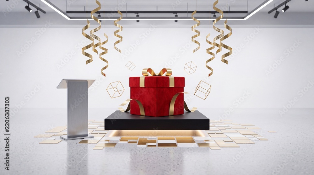 Obraz premium Luxury red gift box with gold ribbon on a black pedestal in a modern minimalist studio gallery with hanging golden streamers and a silver podium for a festive celebration or awards ceremony.