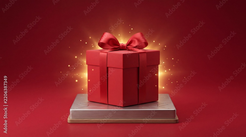 Obraz premium Elegant Red Gift Box with Satin Ribbon Bow on Silver Platform Against Vibrant Red Background, Featuring Magical Glowing Golden Light and Sparkling Dust for Christmas or Valentine Celebration