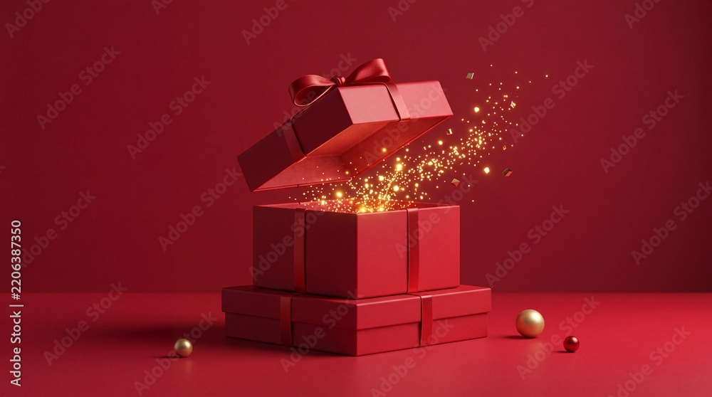 Obraz premium Open Red Gift Box with Golden Glowing Magic Sparkles and Particles on Minimalist Red Background for Christmas, Birthday, Valentine's Day, or Festive Celebration Surprise Concept