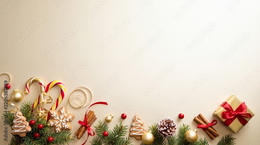 Obraz premium Festive Christmas Border with Gingerbread Cookies, Pine Branches, Candy Canes, Cinnamon Sticks, and Gift Box on Beige Background with Copy Space for Holiday Season Greeting Cards and Banner