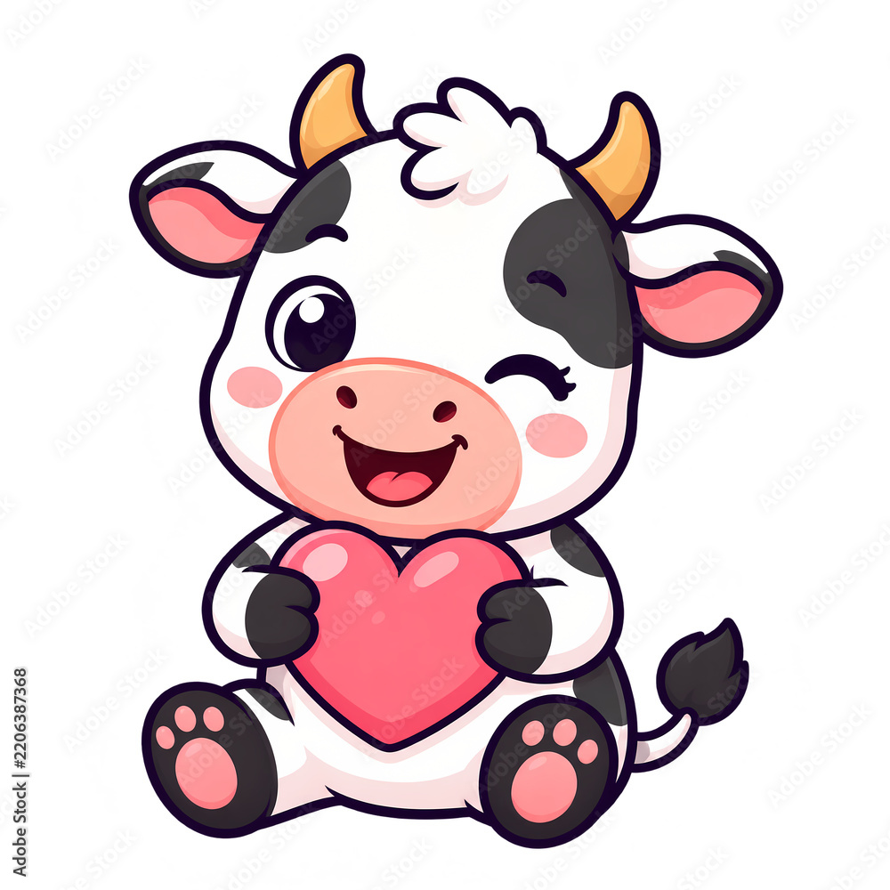 Obraz premium Cute sitting kawaii chibi baby cow holding pink heart illustration