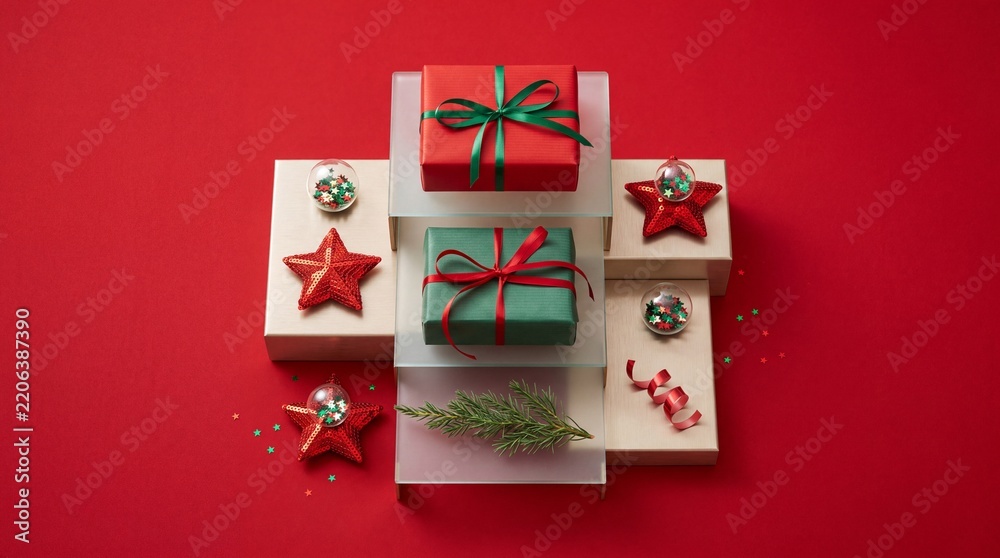 Obraz premium Elegant Christmas Flat Lay Composition Featuring Red and Green Gift Boxes with Silk Ribbons, Sparkling Sequined Stars, Festive Ornaments, and Evergreen Pine Branch on Pedestals over Red Background