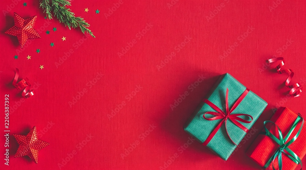 Obraz premium Christmas Holiday Flat Lay Composition on Red Fabric Background Featuring Green and Red Gift Boxes with Ribbons, Pine Branch, Glitter Stars, and Festive Confetti for Seasonal Celebration Content.