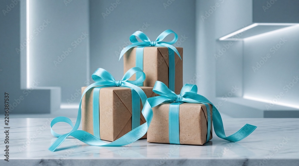 Obraz premium Elegant group of three gift boxes wrapped in sustainable brown craft paper and tied with decorative light blue satin ribbons, arranged on a white marble surface within a bright minimalist setting.