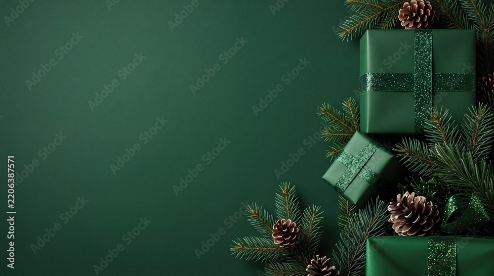 Obraz premium Elegant Christmas Background with Green Gift Boxes Wrapped in Glittery Ribbons, Pine Cones, and Fir Branches on Dark Green Surface with Ample Copy Space for Festive Season Greeting and Design