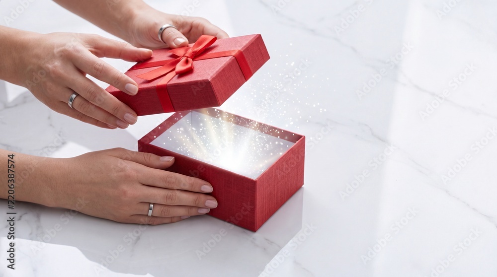 Obraz premium Close up of female hands opening a mysterious red gift box with a red ribbon on a white marble background, revealing a glowing magical light and sparkling particles from inside the box.