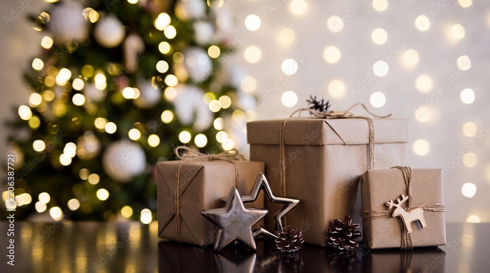 Obraz premium Cozy Christmas Scene with Gift Boxes Wrapped in Brown Kraft Paper and Twine, Decorated with Silver Stars and Pine Cones against a Blurred Christmas Tree Background with Warm Glowing Bokeh Lights