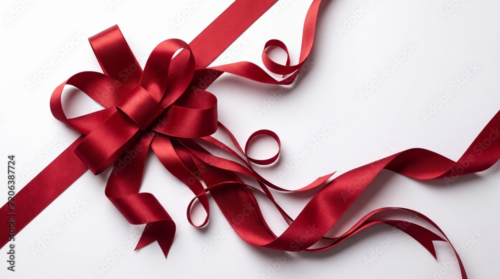 Obraz premium Elegant red satin ribbon with a decorative complex bow and flowing curls isolated on a white background, perfect for gift wrapping, Christmas, Valentine's Day, luxury packaging, and celebrations.
