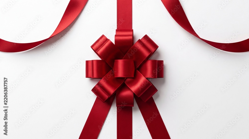 Obraz premium Elegant Large Red Satin Pom Pom Gift Bow with Flowing Ribbons Isolated on White Background for Christmas, Valentine's Day, Birthday, Anniversary, or Wedding Celebration Decoration.