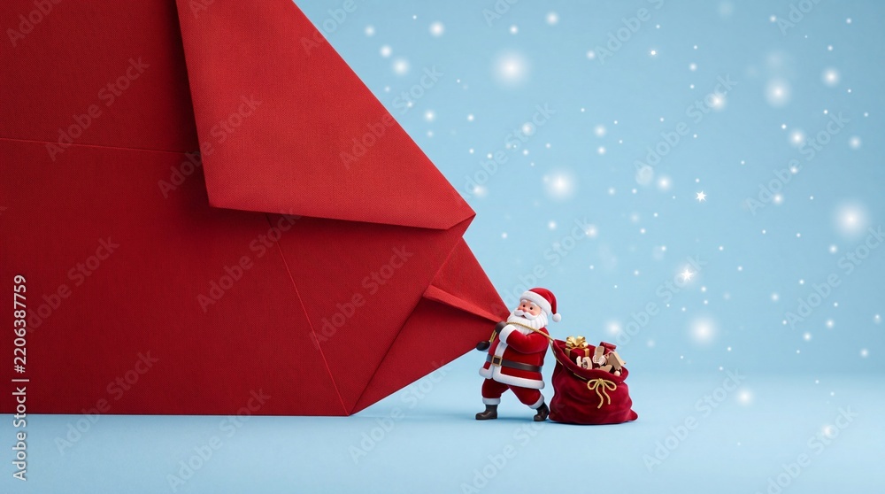 Obraz premium Miniature Santa Claus Figurine Pulling a Giant Red Envelope and a Sack Full of Christmas Gifts against a Light Blue Snowy Background, Representing a Bulk Delivery of Holiday Greetings and Letters